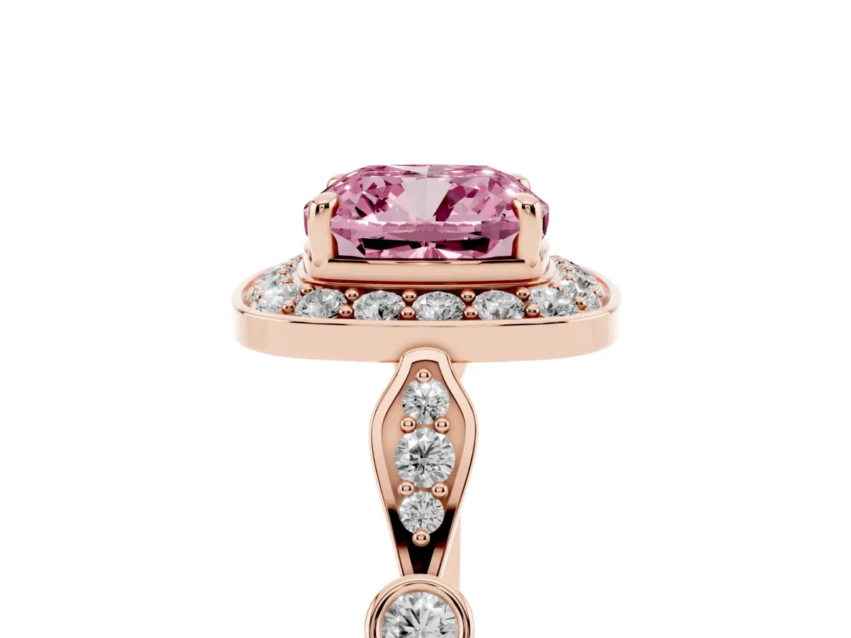 Fancy Pink Cushion Cut Halo Diamond Engagement Ring with Twisted Band and Four-Prong Setting Rose gold