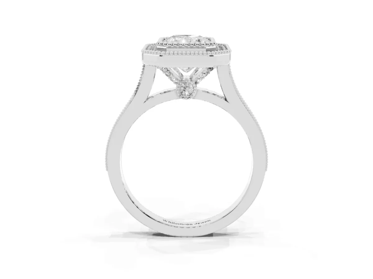 Radiant Cut Diamond Halo Ring with Milgrain Frame and Pavé Band Silver