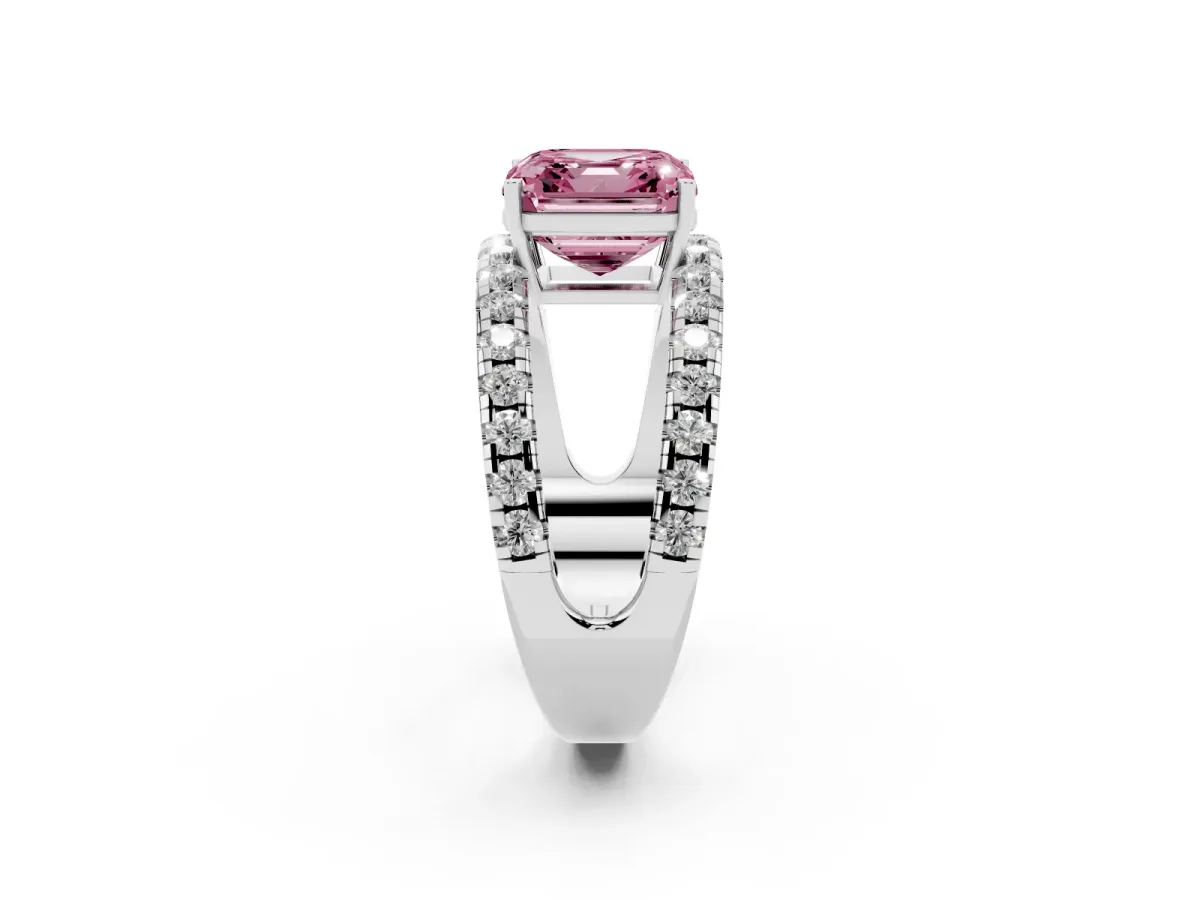 Fancy Pink Asscher Cut Solitaire Split Shank Pave Diamond Ring Platinum