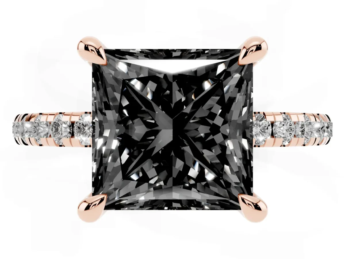 Fancy Black Princess Cut Diamond Brilliant Solitaire Ring with Pavé Band and Four-Prong Setting Rose gold