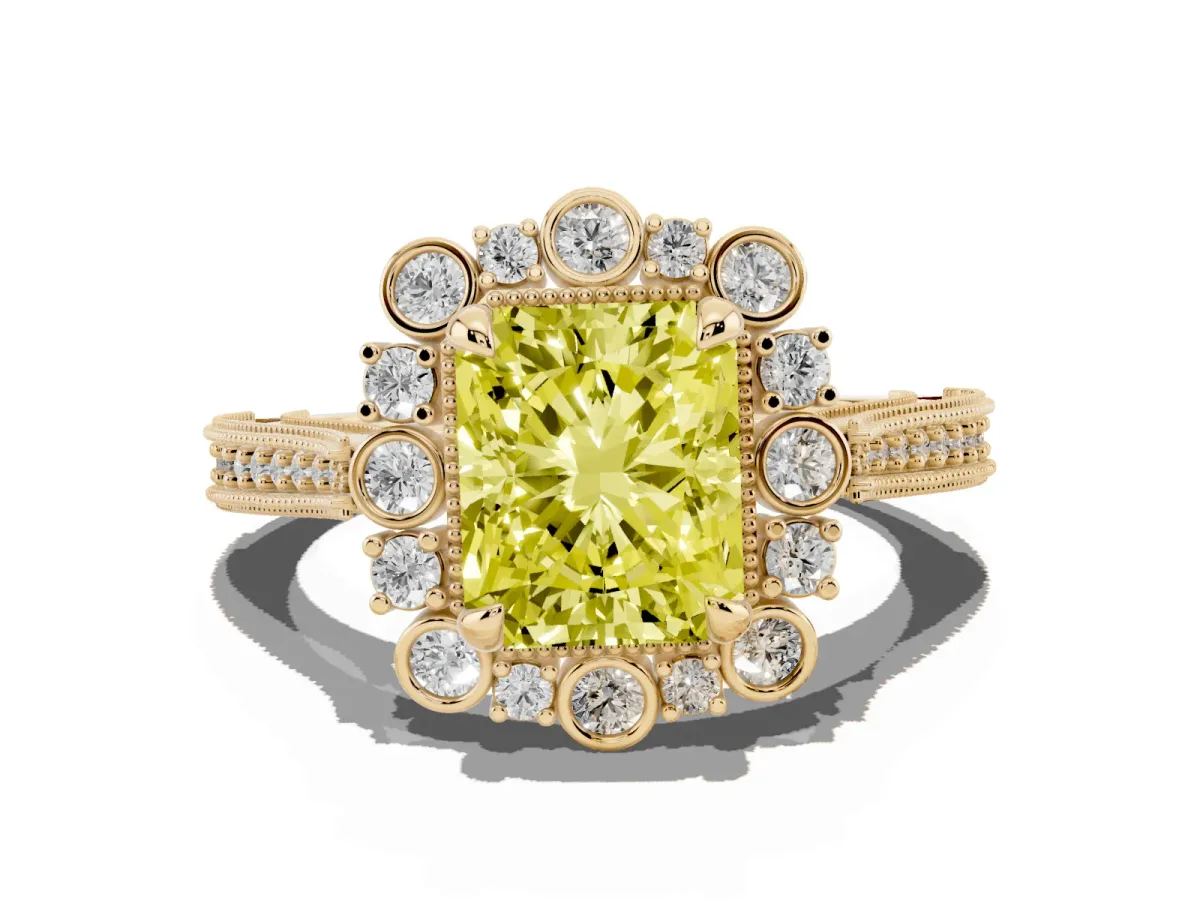 Fancy Yellow Radiant Cut Halo Milgrain Pave Diamond Ring with Four-Prong Setting Yellow gold