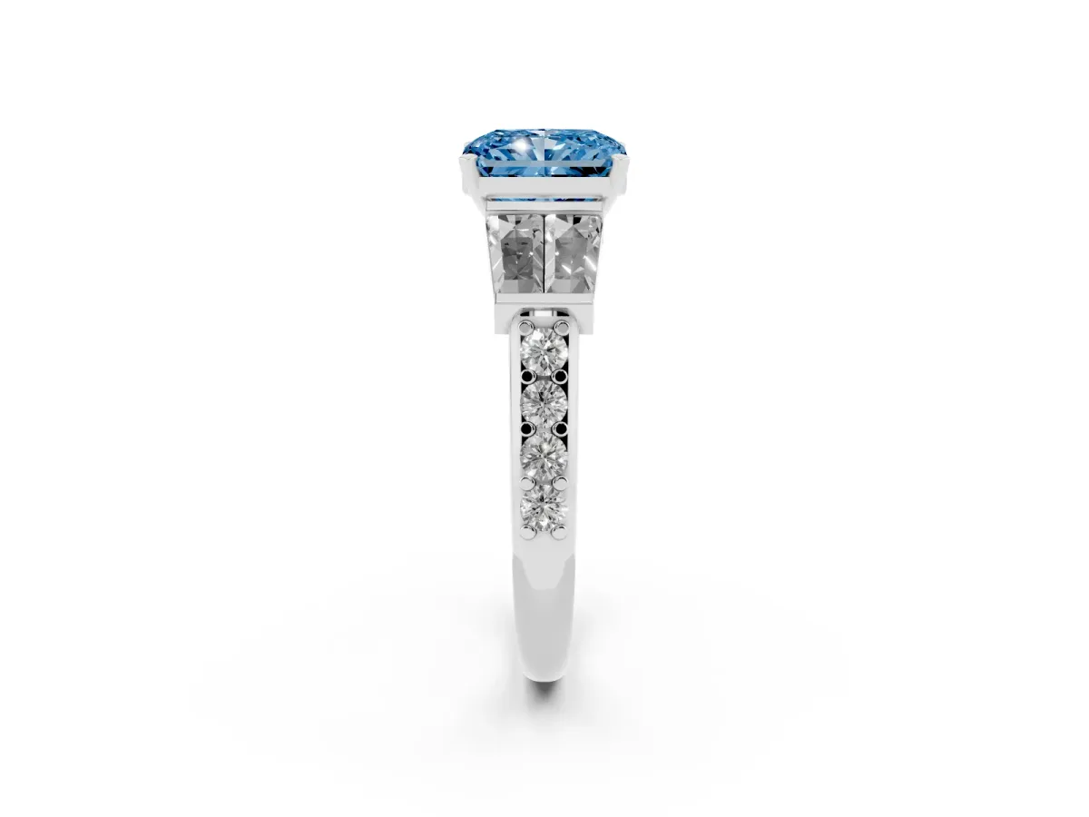 Fancy Blue Radiant Cut Diamond Engagement Ring with Baguette Side Stones and Channel Set Band White gold
