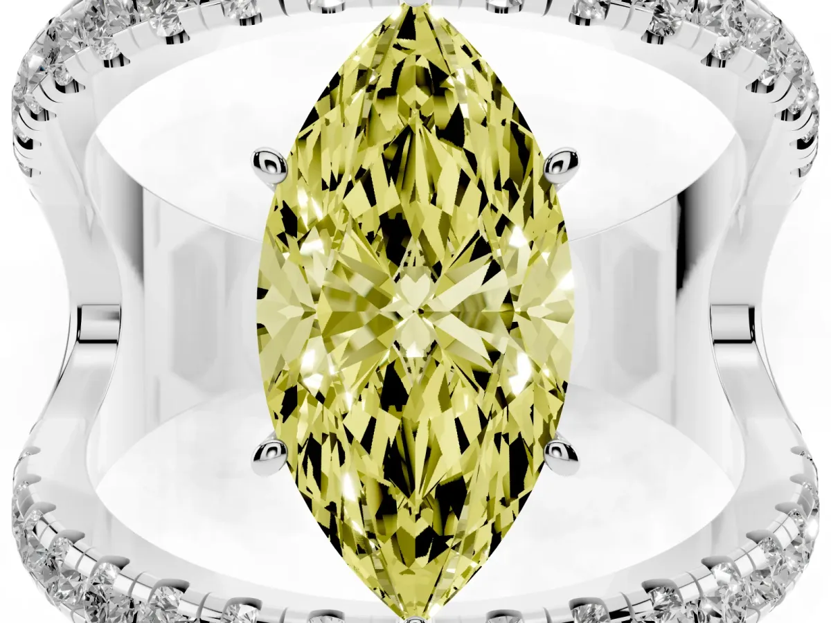 Fancy Yellow Marquise Cut Solitaire Split Shank Pave Diamond Ring Platinum