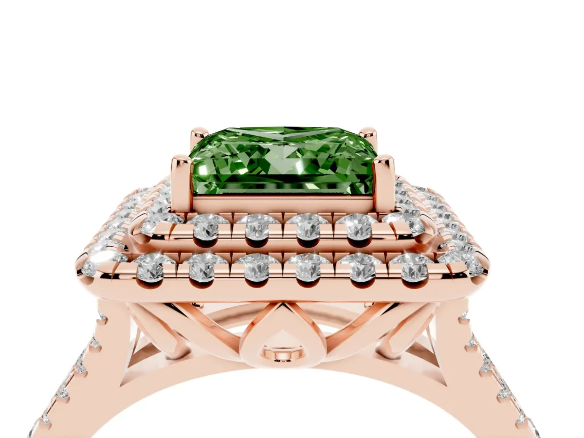 Fancy Green Double Halo Princess Cut Diamond Pavé Split Shank Ring with Prong Setting Rose gold