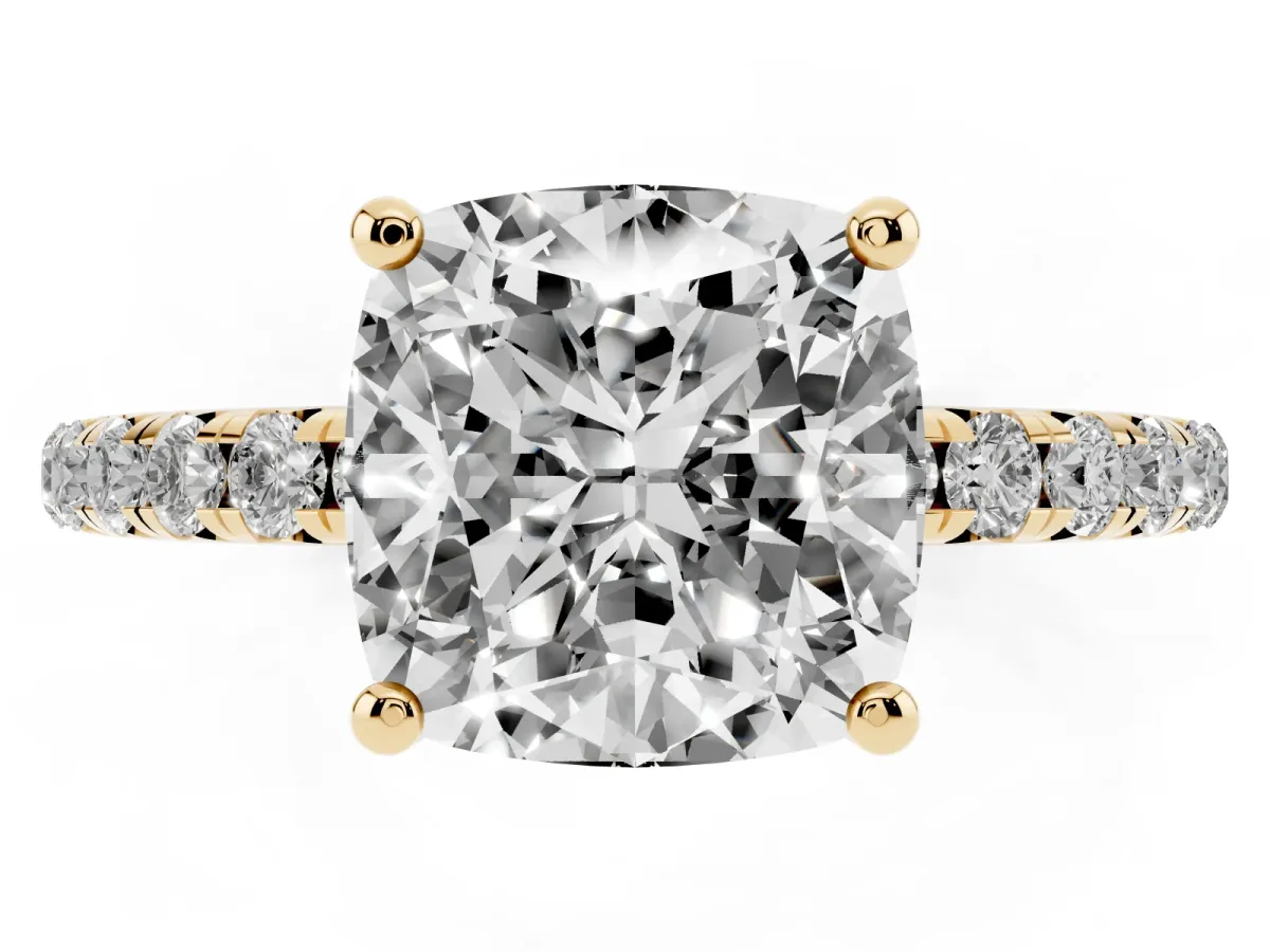 Cushion Cut Cut Diamond Solitaire Ring with Micro Pave Band and Four Prong Setting Yellow gold