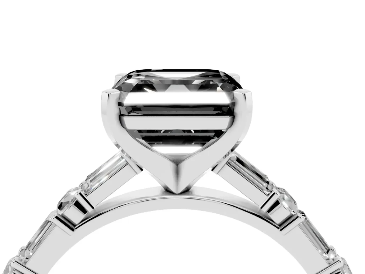 Fancy Black Asscher Cut Diamond Solitaire with Side Baguettes and Channel Set Band Silver