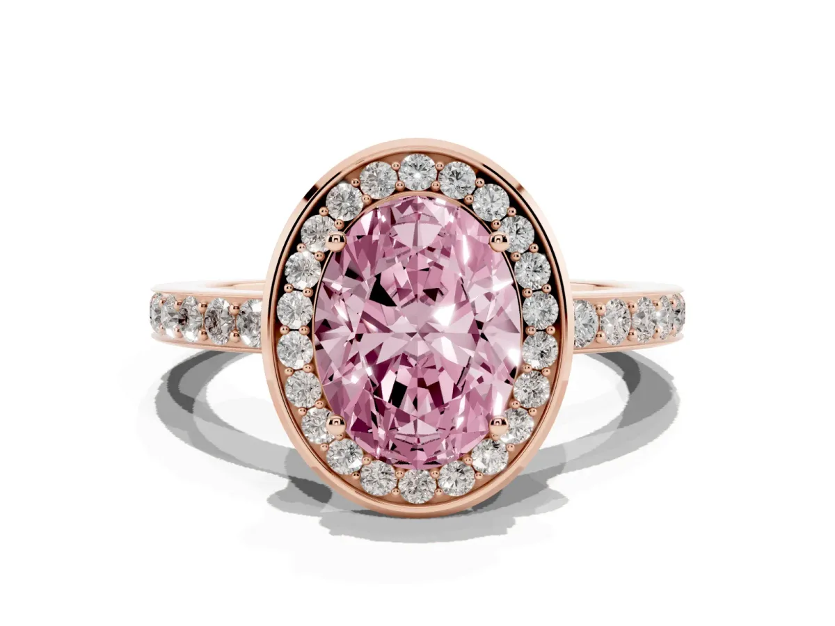 Fancy Pink Oval Cut Diamond Halo Ring with Bezel Frame and Pavé Band Rose gold