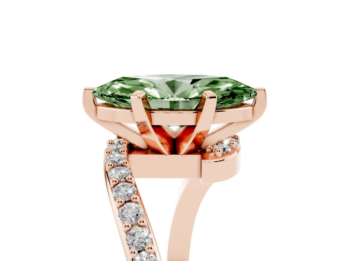Fancy Green Marquise Cut Solitaire Twist Band with Pave Set Diamonds and Four-Prong Setting Rose gold