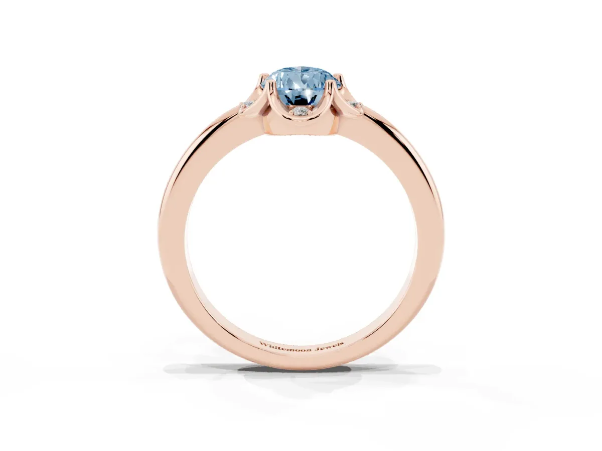 Fancy Blue Pear Cut Halo Diamond Ring with Round Cluster Setting, Solitaire Band, and Four-Prong Setting Rose gold