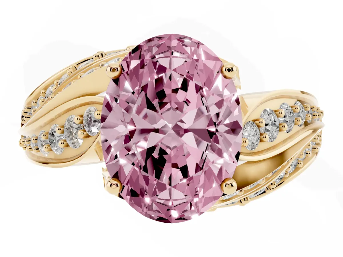 Fancy Pink Oval Cut Diamond Solitaire Ring with Prong Setting and Twisted Pavé Band Yellow gold