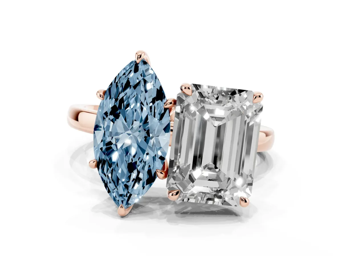 Fancy Blue Marquise Cut and Emerald Cut Toi Moi Ring with Prong Setting Rose gold