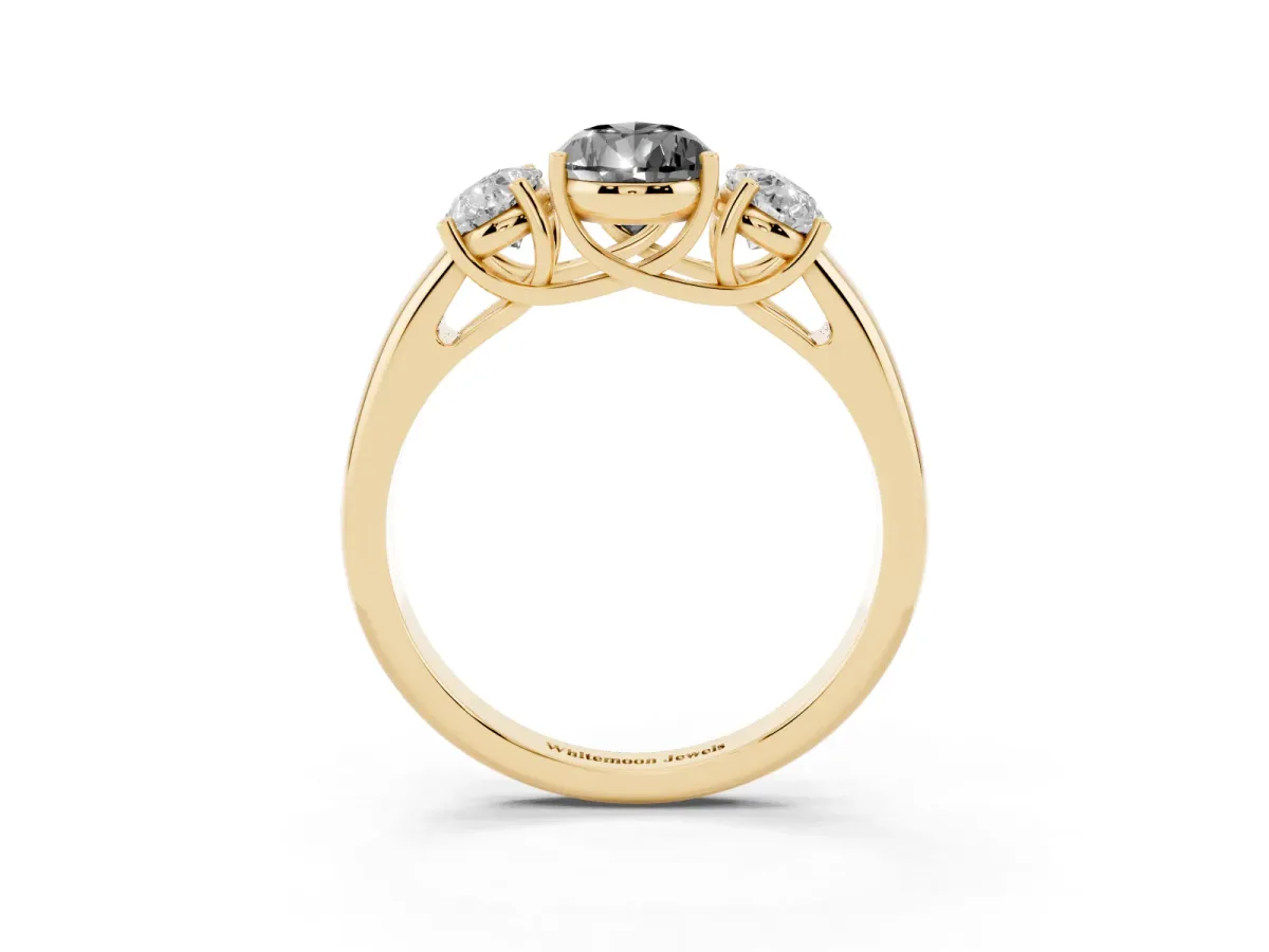 Fancy Black Three-Stone Pear Cut Diamond Engagement Ring with Prong Setting Yellow gold