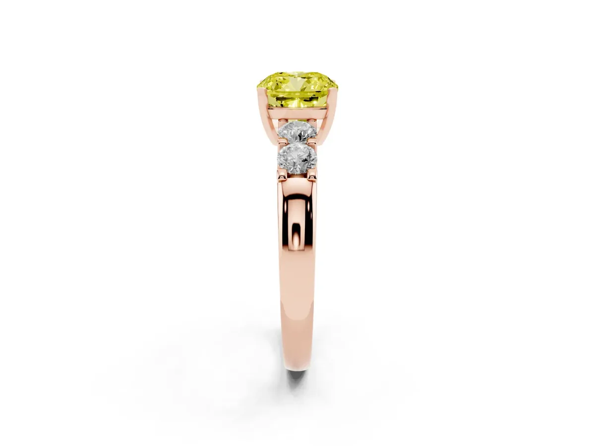Fancy Yellow Cushion Cut Brilliant Cut Diamond Five-Stone Prong Set Engagement Ring with Channel Band Rose gold