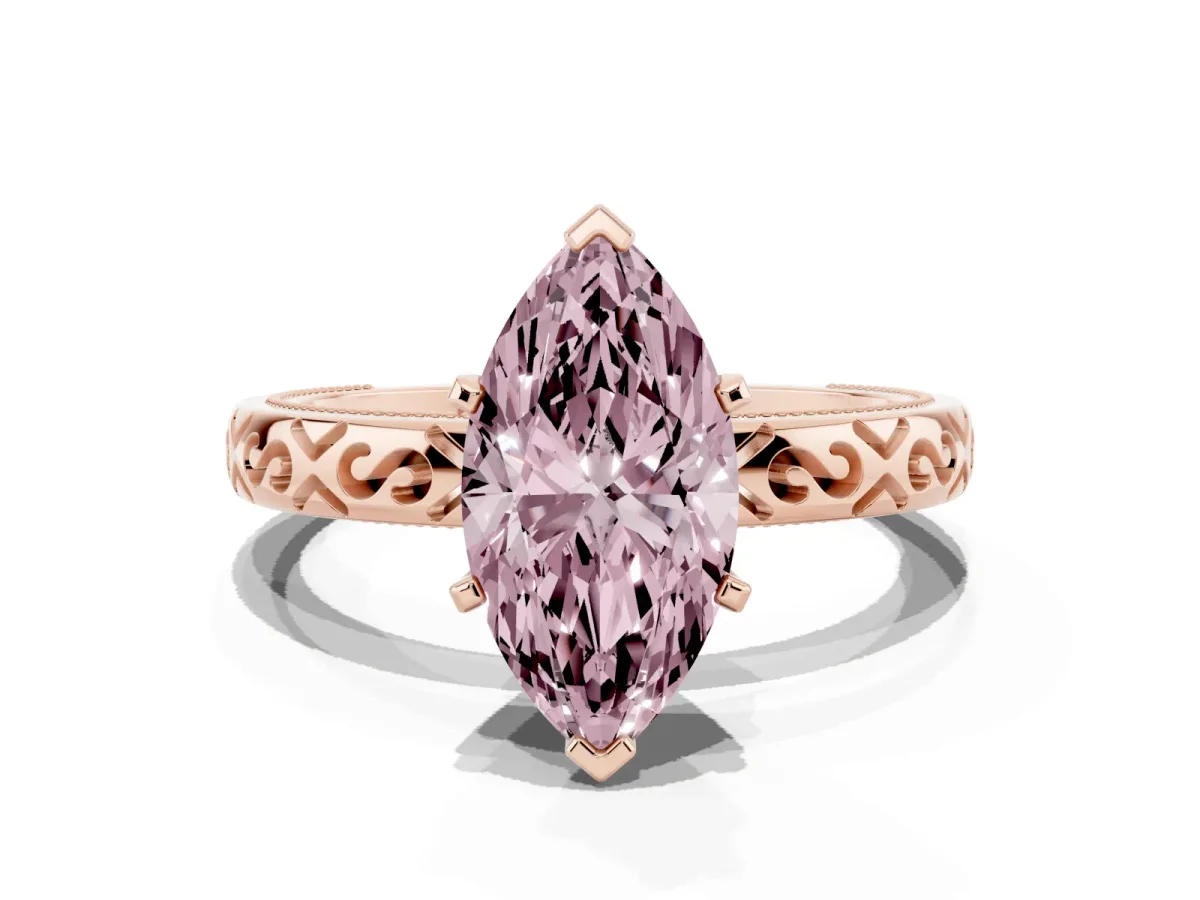 Fancy Pink Marquise Cut Solitaire Engagement Ring with Scrollwork Band and Four-Prong Setting Rose gold