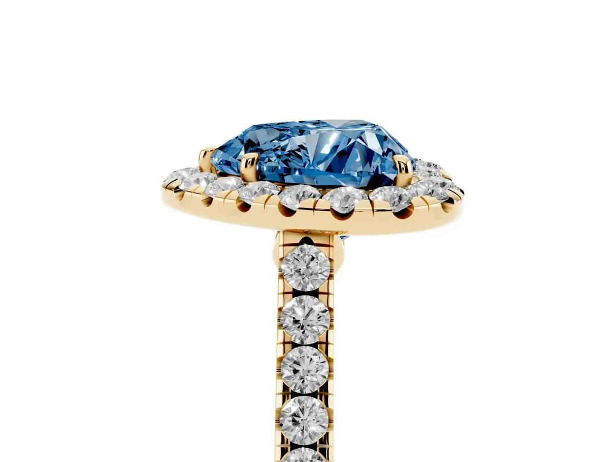 Fancy Blue Heart Cut Halo Pave Diamond Engagement Ring with Four-Prong Setting Yellow gold