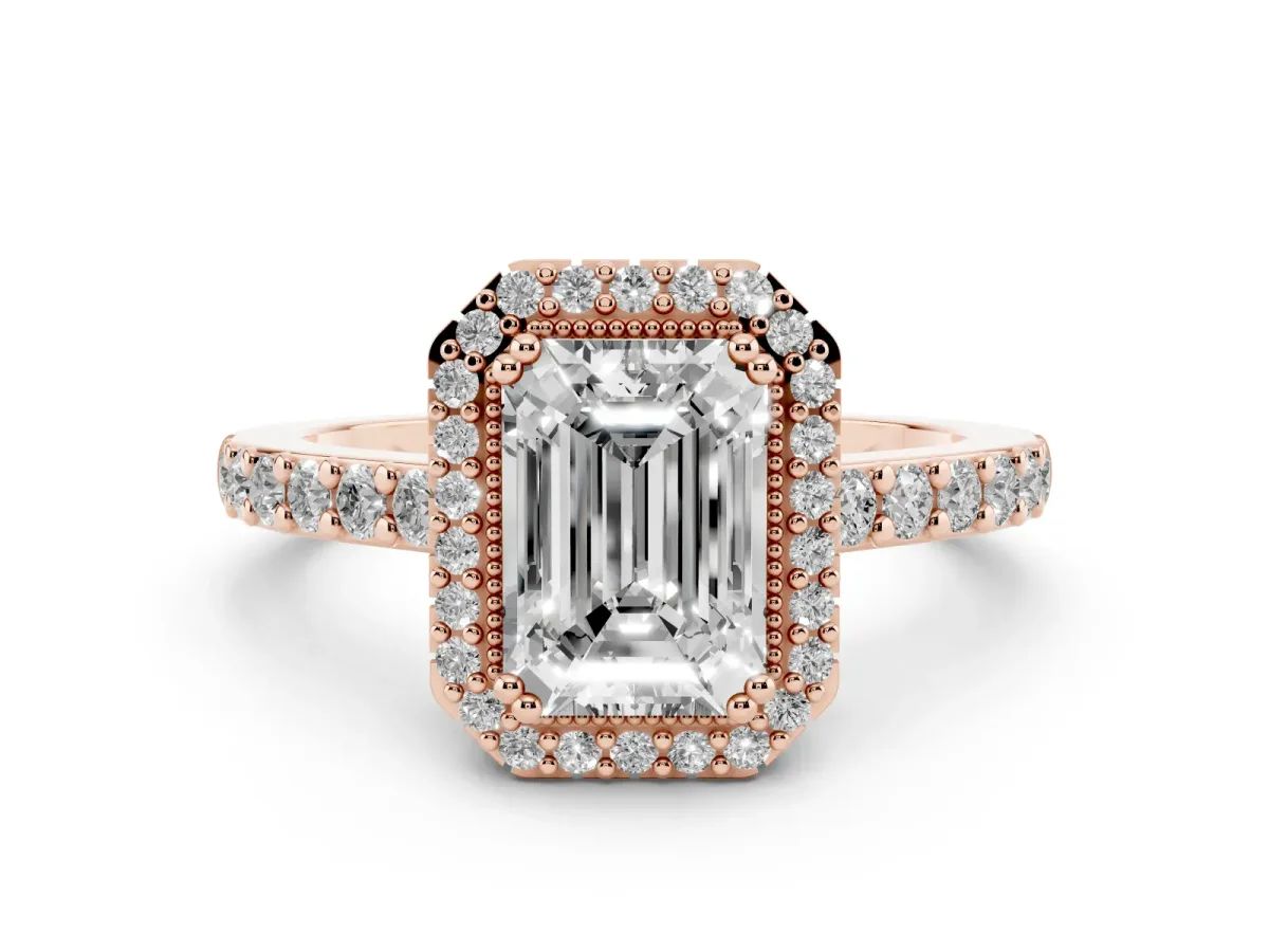 Emerald Cut Cut Diamond Halo Engagement Ring with Milgrain Detail and Pavé Band Rose gold