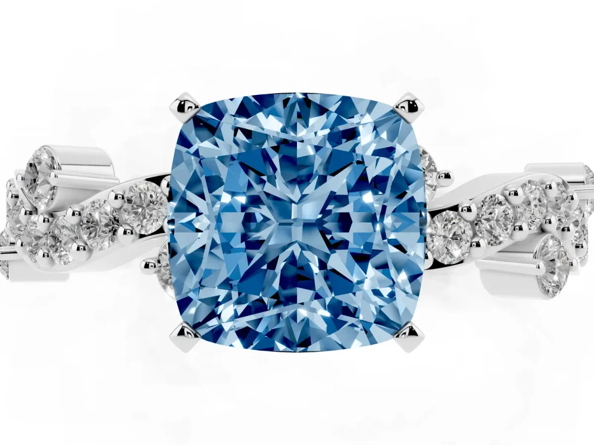Fancy Blue Cushion Cut Cut Solitaire Diamond Twisted Band with Pave Setting White gold