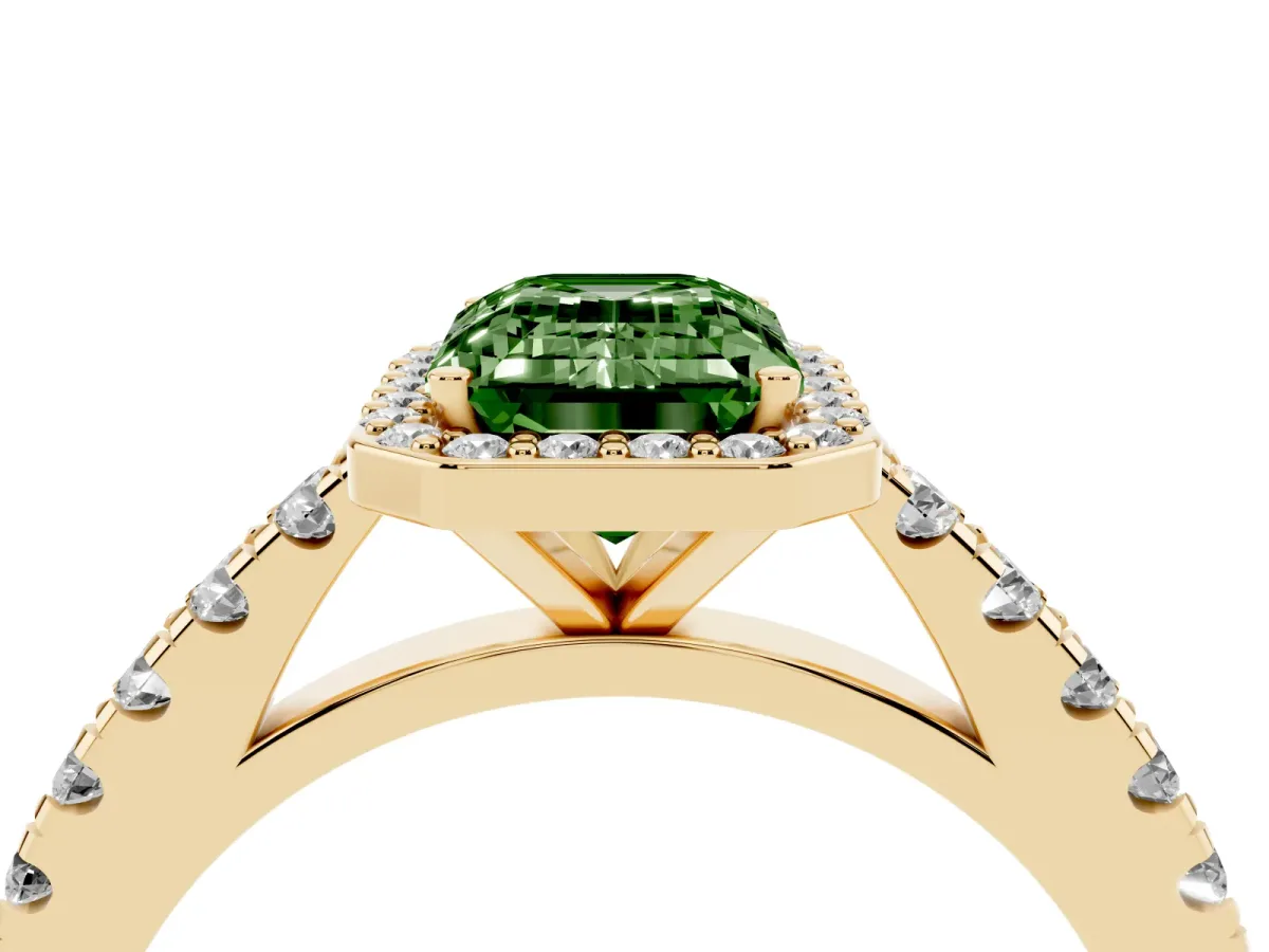 Fancy Green Emerald Cut Cut Halo Diamond Engagement Ring with Pave Band and Four-Prong Setting Yellow gold
