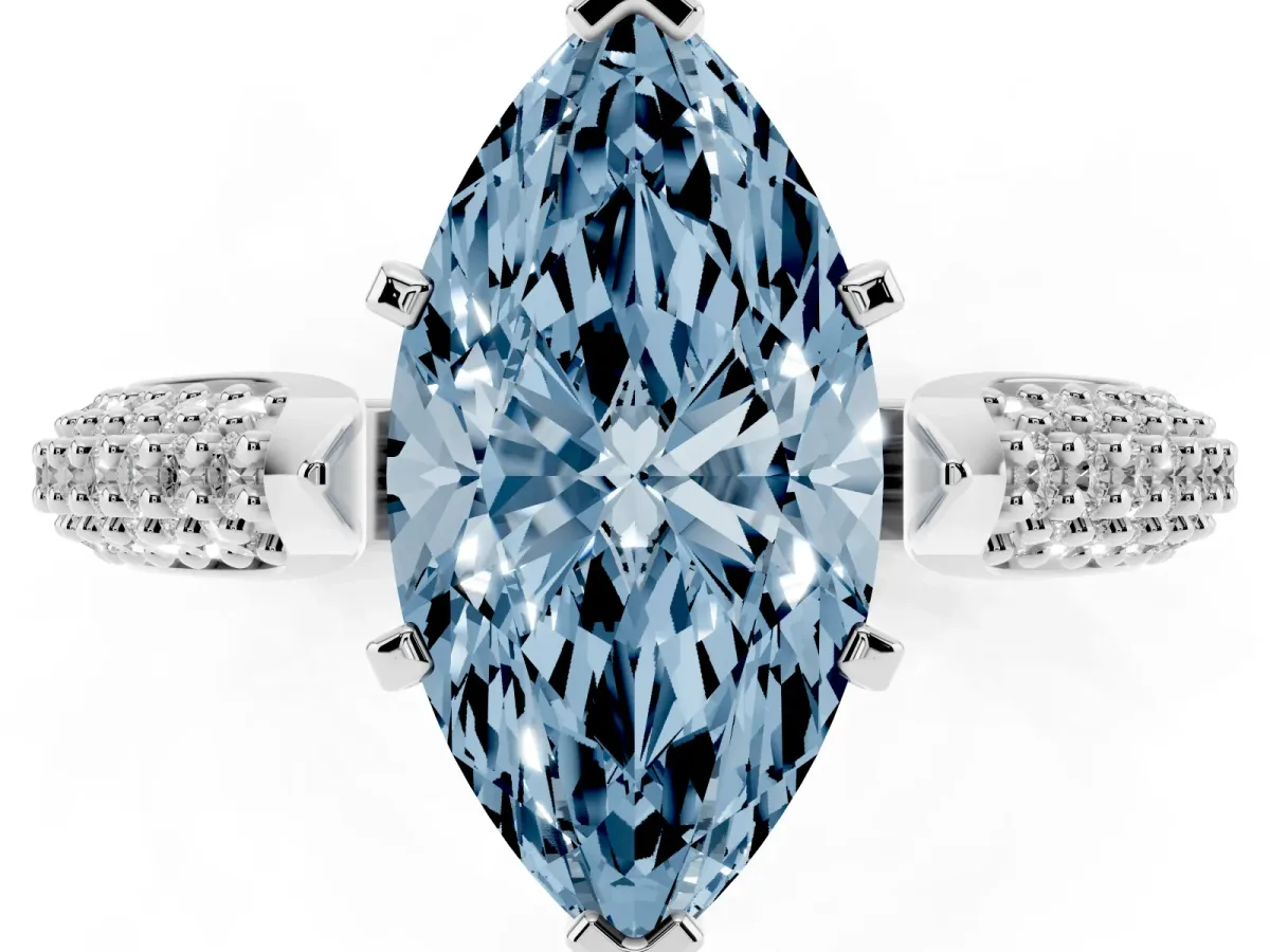 Fancy Blue Marquise Cut Diamond Solitaire Engagement Ring with Multi-Row Round Pavé Band and Prong Setting Silver