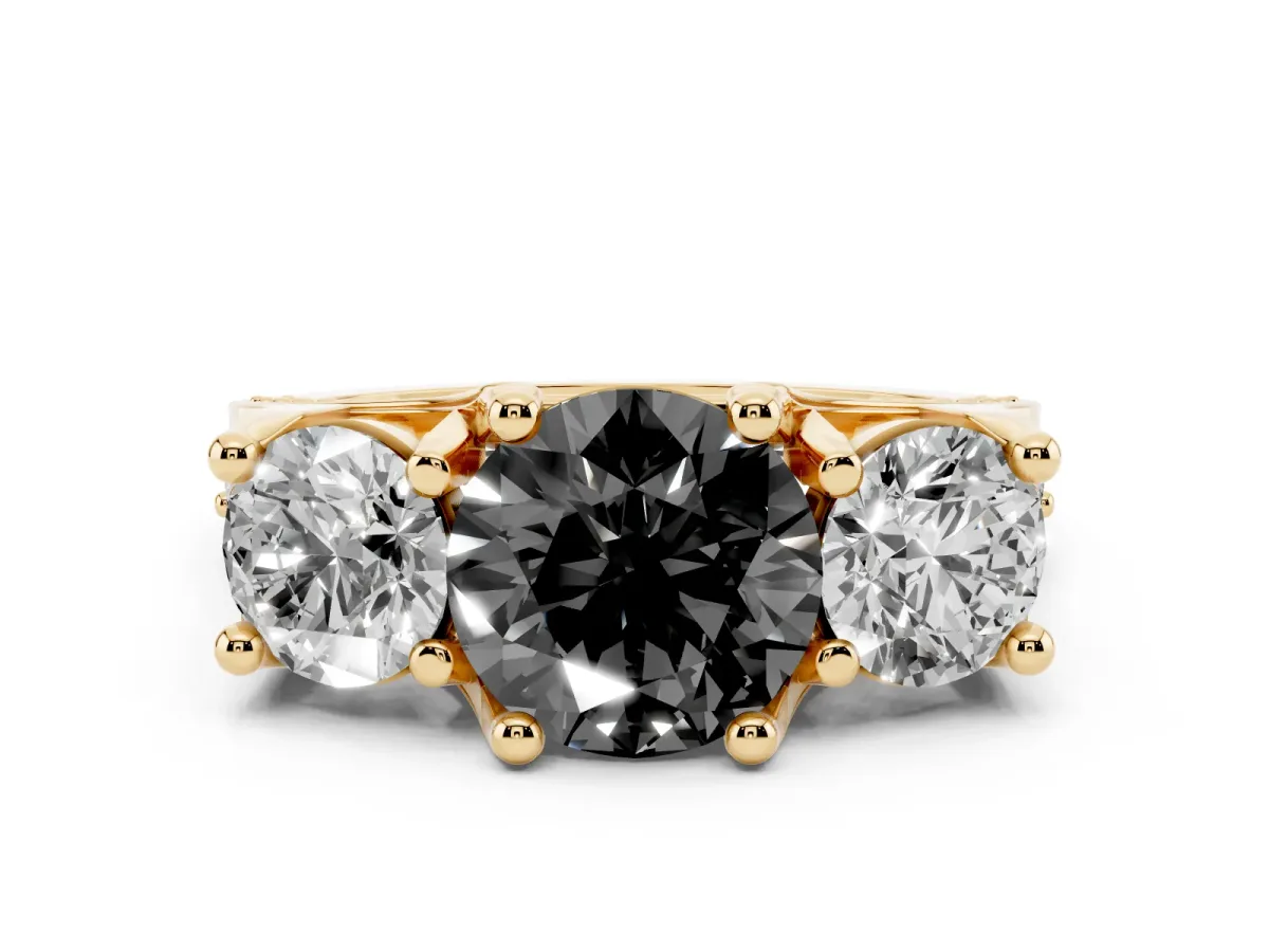 Fancy Black Round Cut Diamond Three-Stone Ring with Channel Set Band and Four-Prong Setting Yellow gold