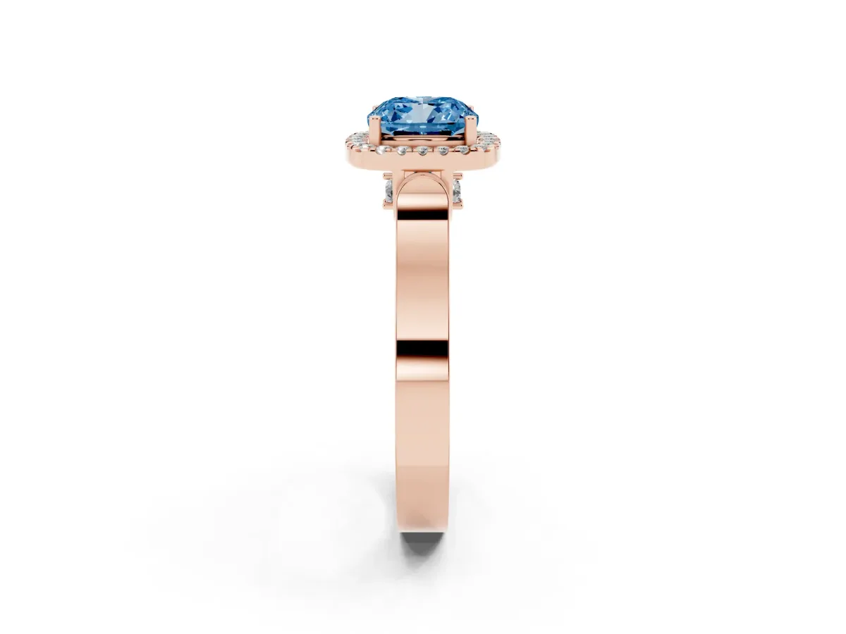 Fancy Blue Cushion Cut Halo Pave Split Shank Prong Setting Ring Rose gold