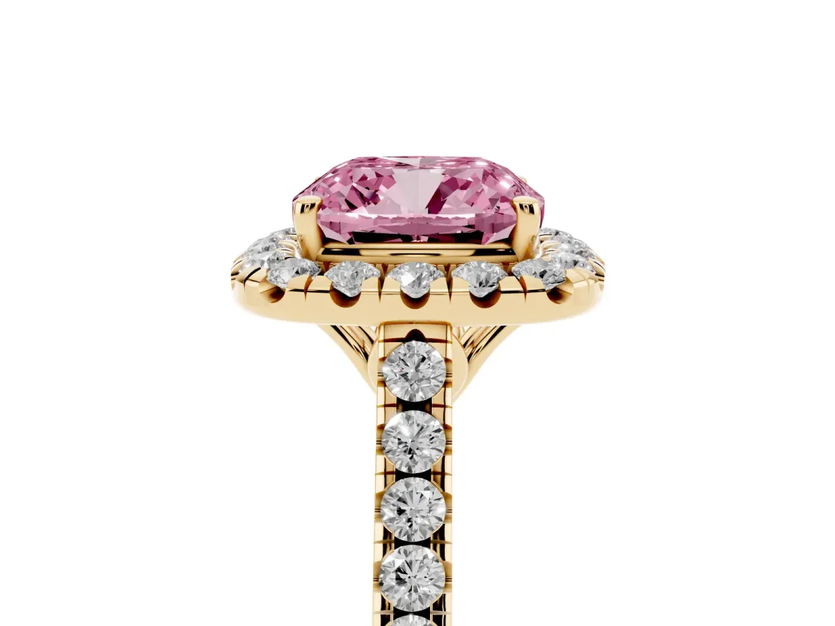 Fancy Pink Cushion Cut Halo Pavé Diamond Engagement Ring with Four-Prong Setting Yellow gold