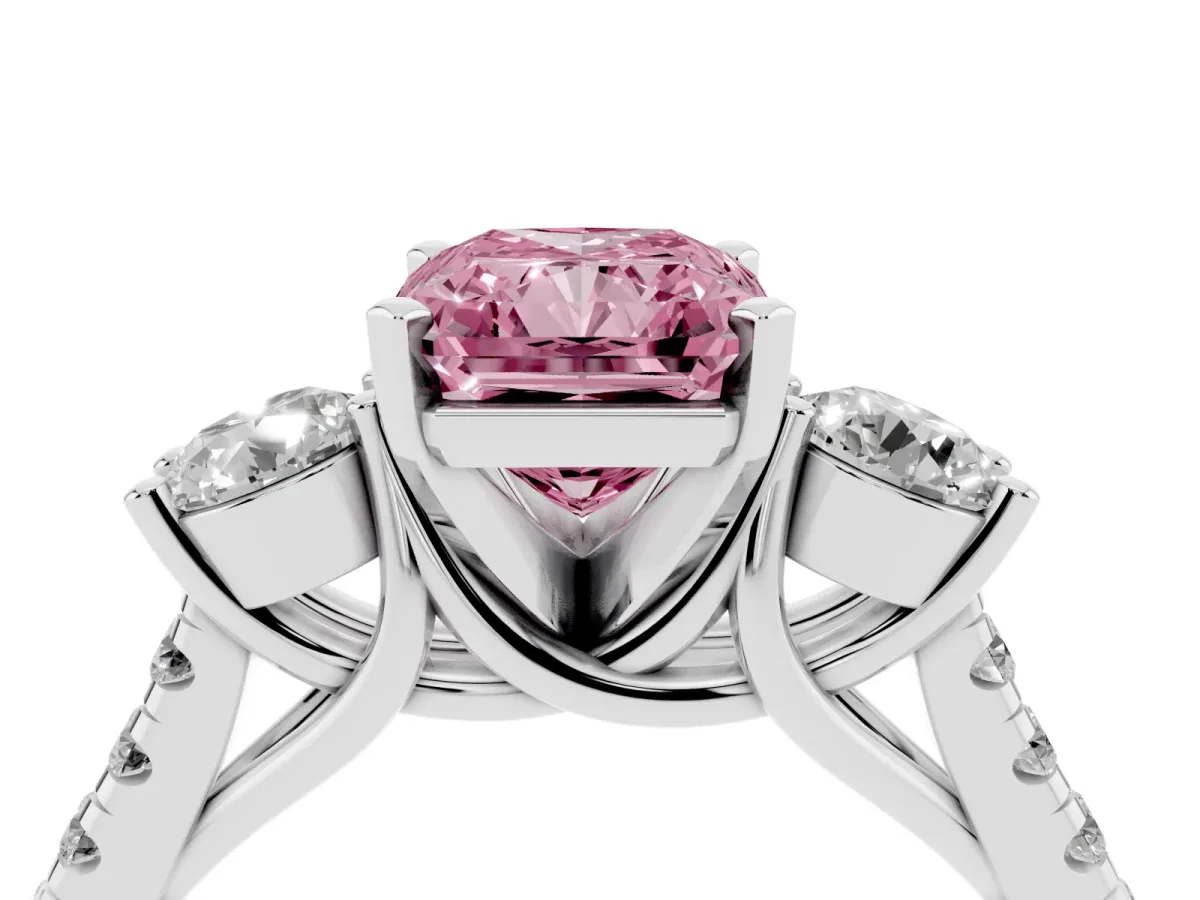 Fancy Pink Three-Stone Radiant Cut Diamond Pavé Band with Four-Prong Setting Silver