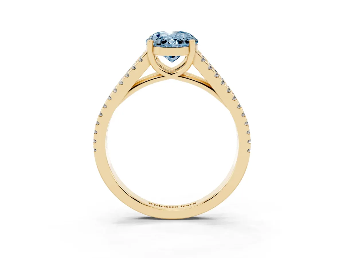 Fancy Blue Oval Cut Diamond Solitaire Engagement Ring with Split Shank Pavé Band Yellow gold