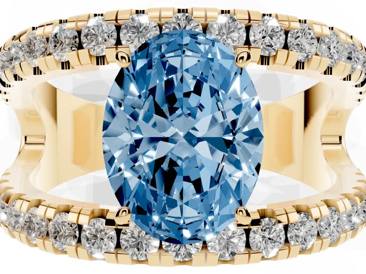 Fancy Blue Oval Cut Solitaire Split Shank Pave Diamond Ring Yellow gold