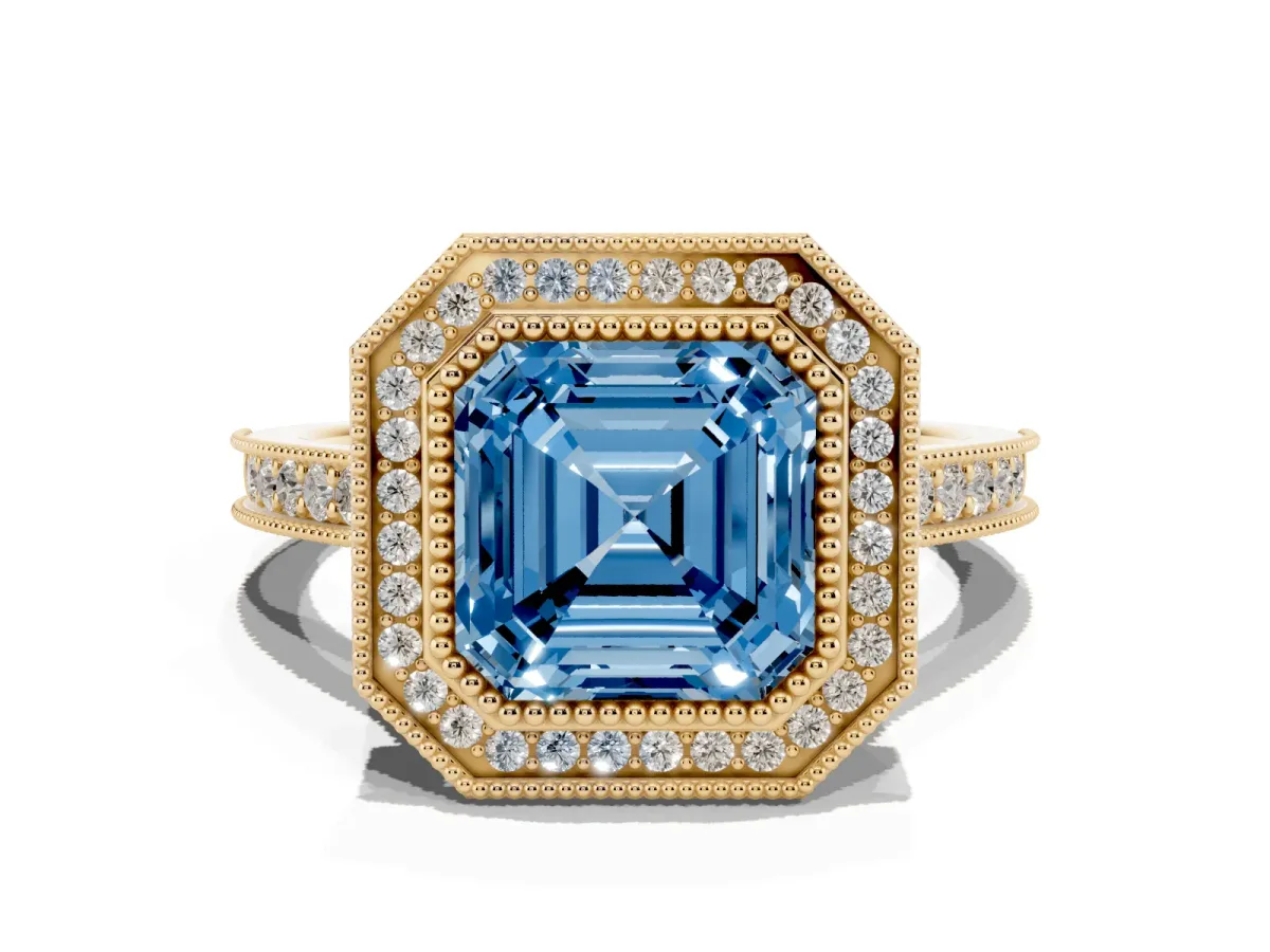 Fancy Blue Halo Asscher Cut-Cut Diamond Pave Band Milgrain Prong Setting Ring Yellow gold