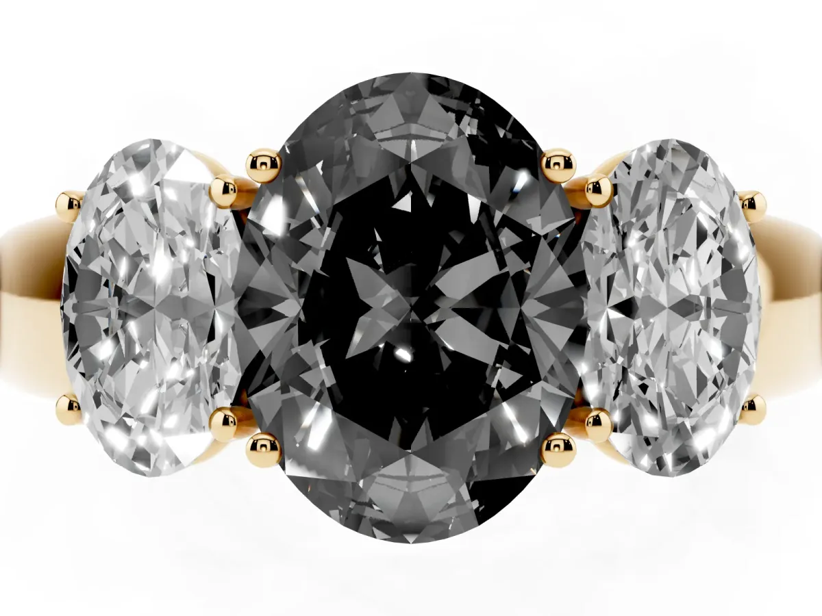 Fancy Black Three-Stone Oval Cut Cut Diamond Ring with Prong Setting and Classic Band Yellow gold