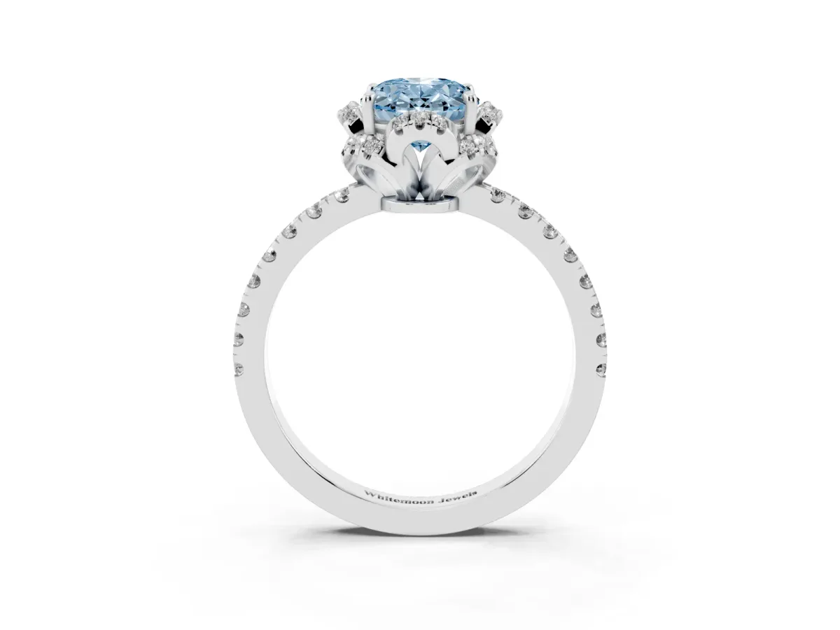 Fancy Blue Oval Cut Diamond Halo Pave Band with Four-Prong Setting Platinum