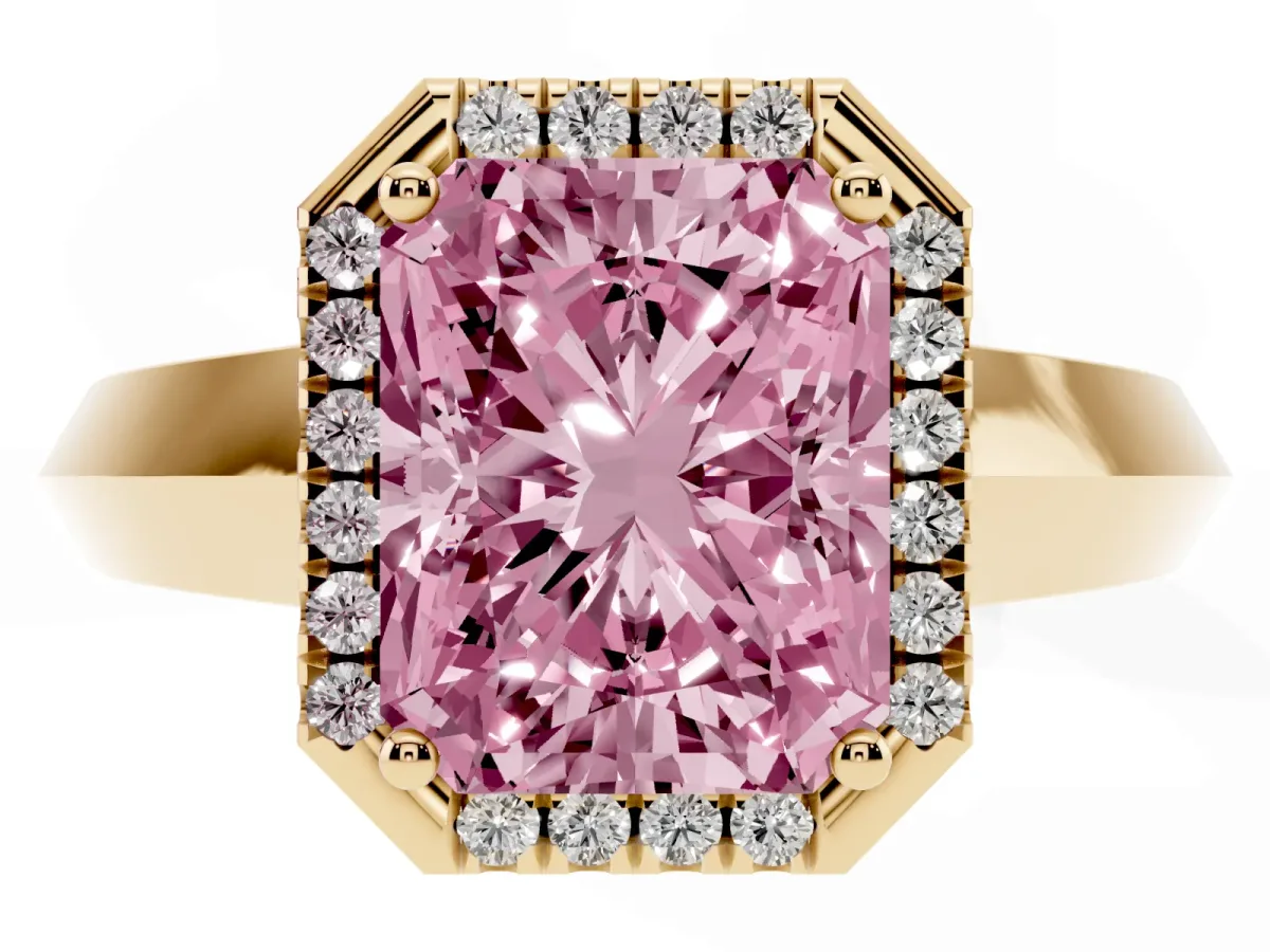 Fancy Pink Radiant Cut Halo Diamond Ring with Cathedral Band and Four-Prong Setting Yellow gold