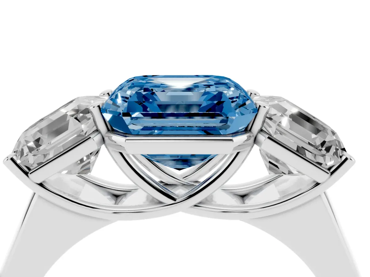 Fancy Blue Asscher Cut Three-Stone Diamond Ring with Prong Setting on a Classic Band White gold