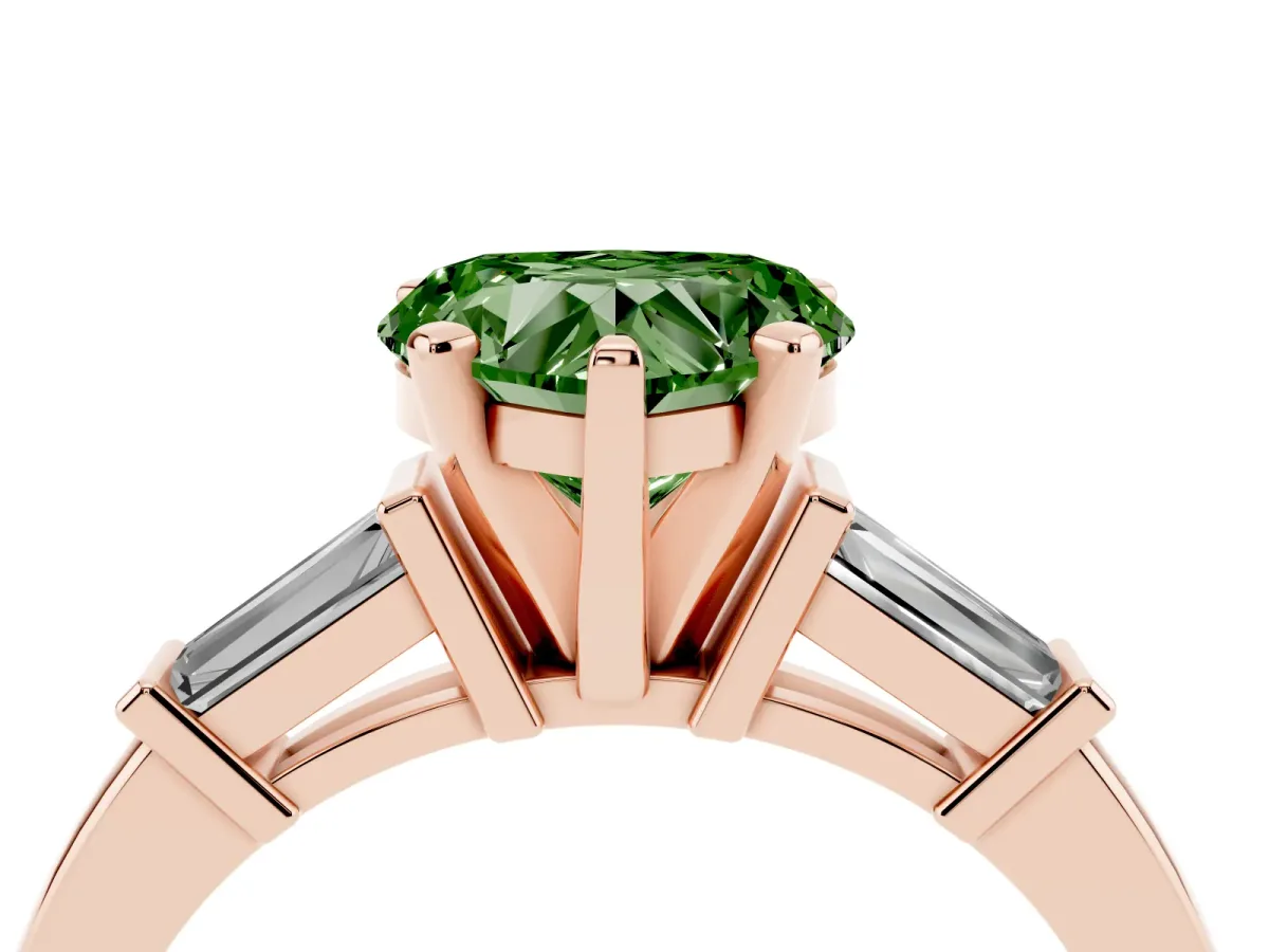 Fancy Green Heart Cut Cut Diamond Solitaire Ring with Tapered Baguette Accents and Four-Prong Setting Rose gold