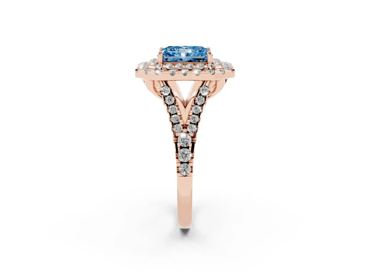 Fancy Blue Double Halo Radiant Cut Diamond Pavé Split Shank Ring with Prong Setting Rose gold