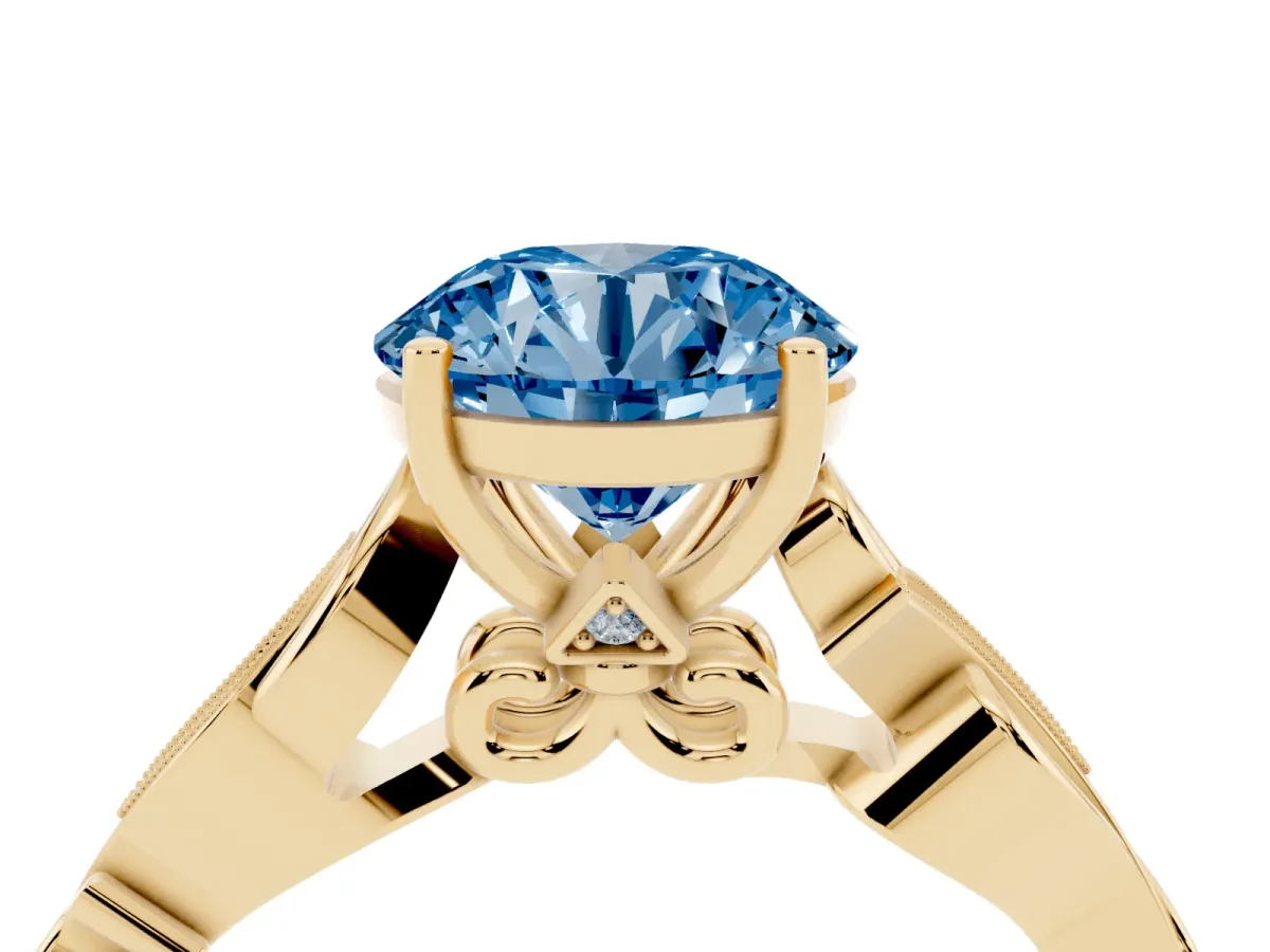 Fancy Blue Round Cut Solitaire Vine Band with Milgrain Prong Setting Yellow gold