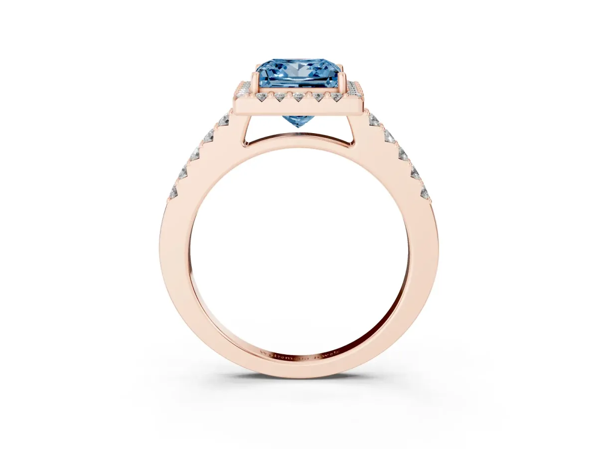 Fancy Blue Princess Cut Halo Diamond Pavé Solitaire Ring Rose gold