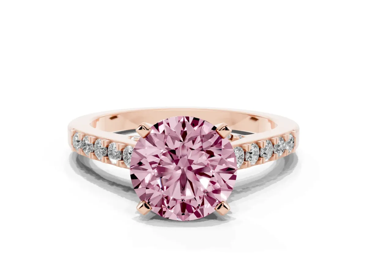 Fancy Pink Round Cut Diamond Solitaire Ring with Crossover Gallery and Round Pavé Band Rose gold