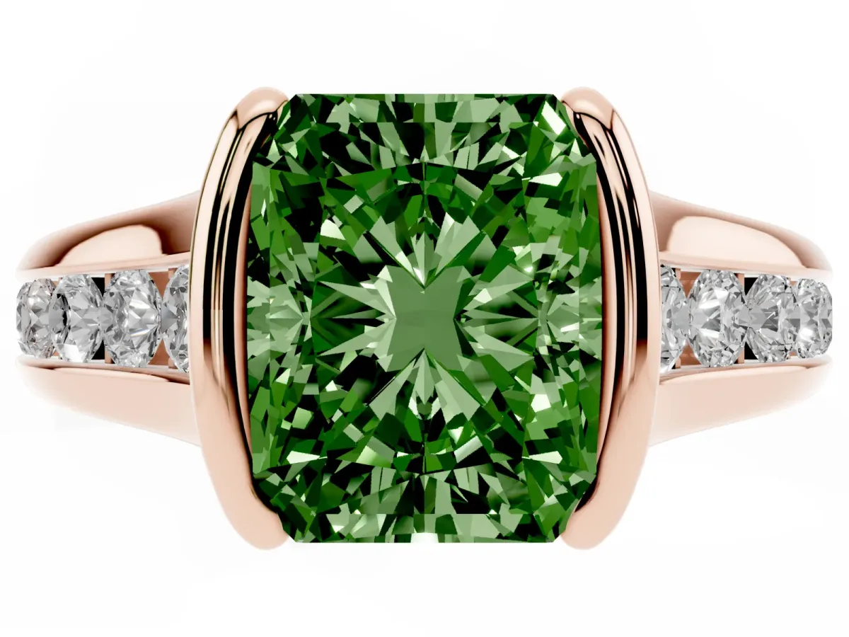 Fancy Green Radiant Cut Solitaire Bezel-Set Diamond Ring with Channel-Set Band Rose gold