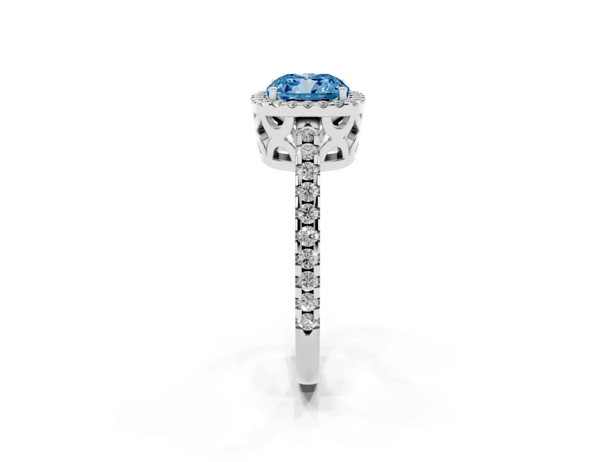 Fancy Blue Cushion Cut Diamond Halo Engagement Ring with Pavé Band and Prong Setting Platinum