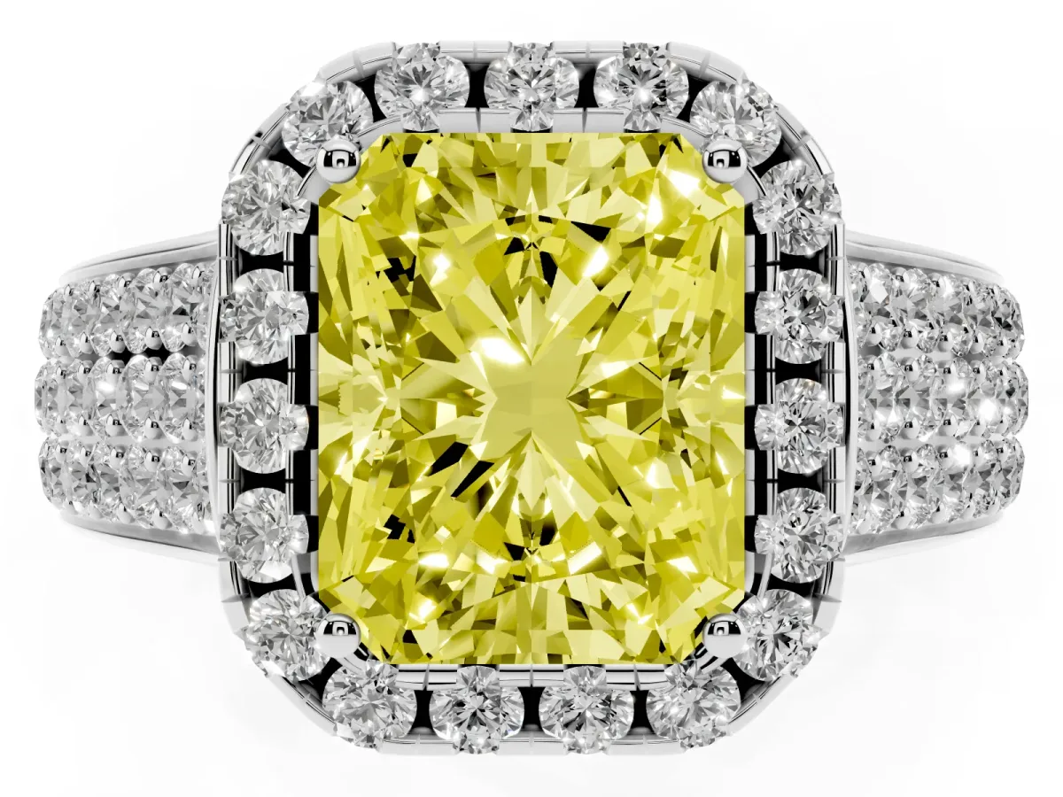 Fancy Yellow Radiant Cut Halo Round Diamond Pave Band with Prong Setting Silver