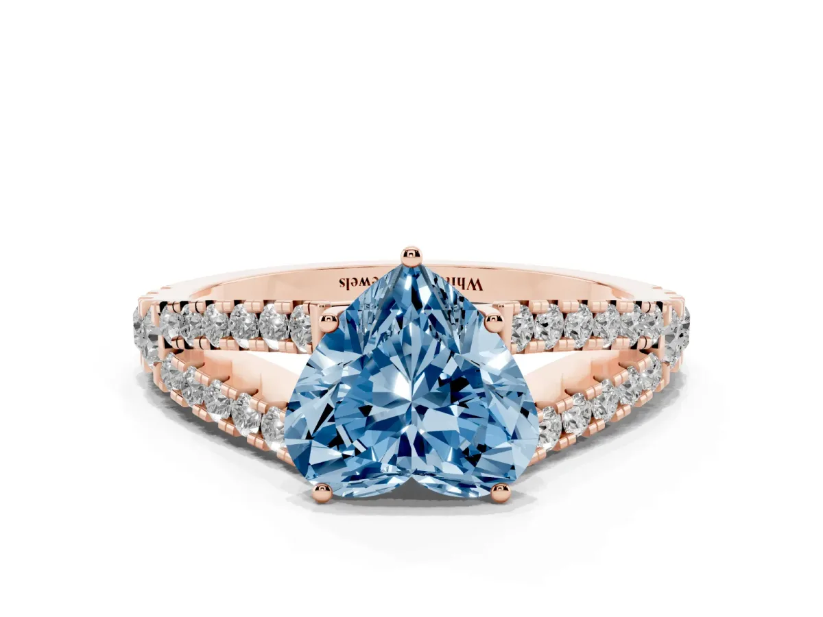 Fancy Blue Heart Cut Diamond Split Shank Pavé Engagement Ring with Four-Prong Setting Rose gold