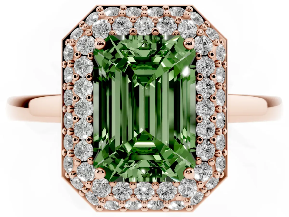 Fancy Green Emerald Cut Halo Diamond Engagement Ring with Solitaire Band and Four-Prong Setting Rose gold