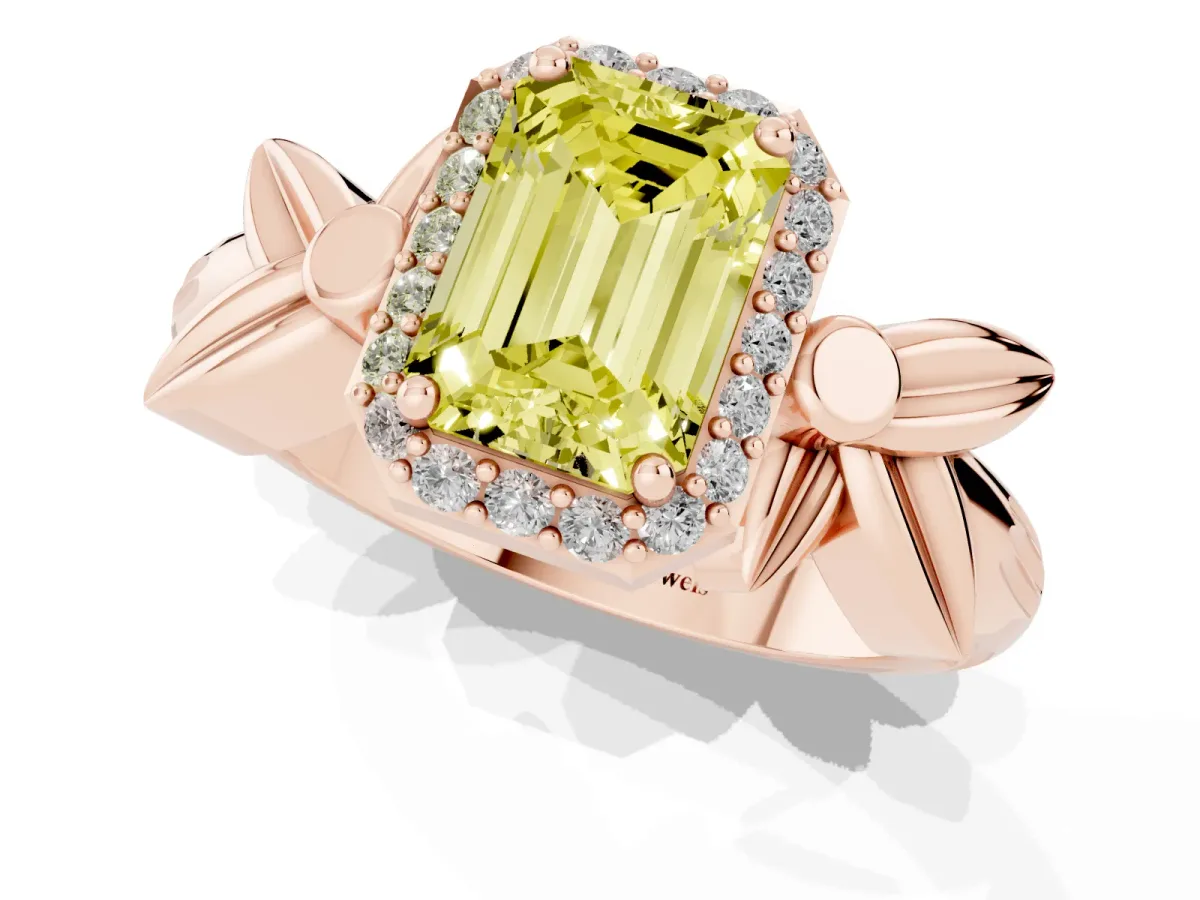 Fancy Yellow Emerald Cut Halo Diamond Floral Band with Four-Prong Setting Rose gold