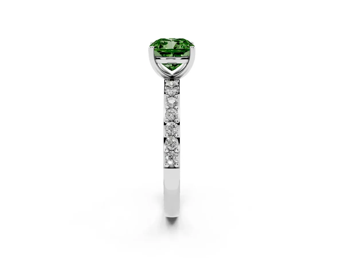 Fancy Green Cushion Cut Cut Diamond Solitaire with Pave Band and Four-Prong Setting Silver