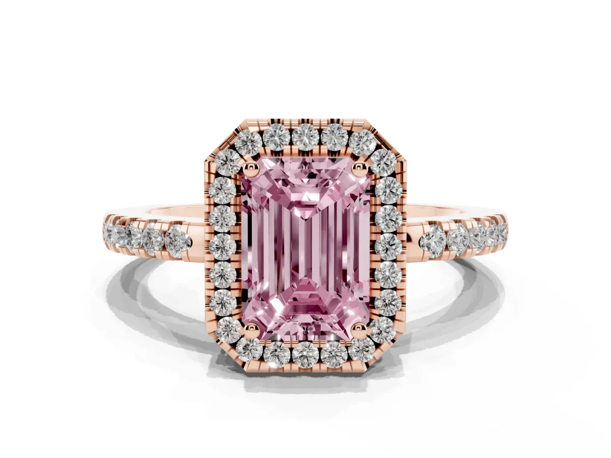 Fancy Pink Emerald Cut Halo Diamond Engagement Ring with Pavé Band and Four-Prong Setting Rose gold