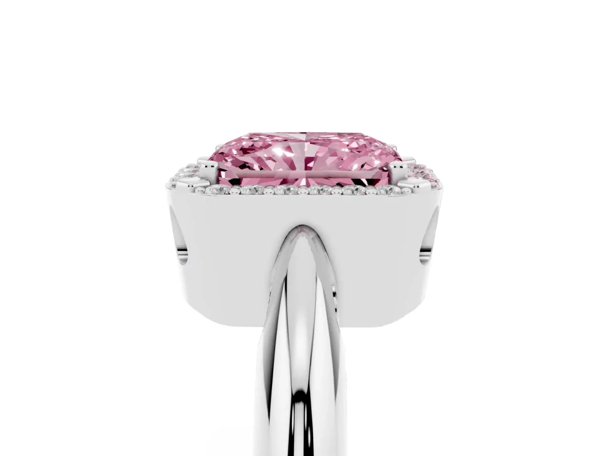 Fancy Pink Radiant Cut Cut Diamond Halo Engagement Ring with Split Shank and Four-Prong Setting Silver