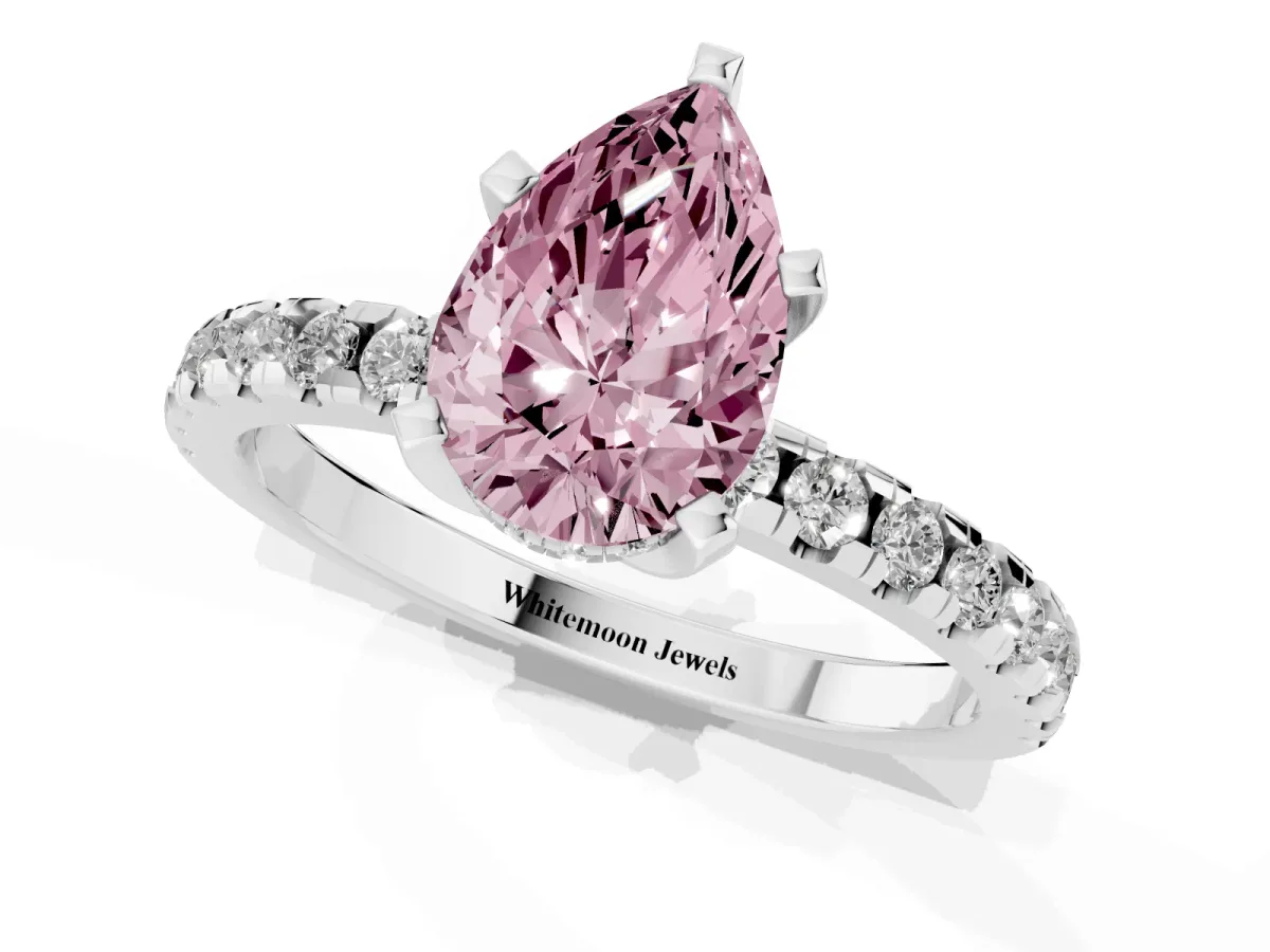 Fancy Pink Pear Cut Diamond Solitaire Ring with Round Pavé Band and Four-Prong Setting Silver