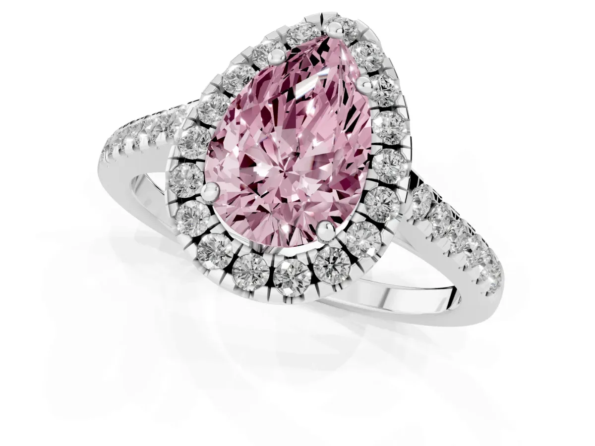 Fancy Pink Pear Cut Halo Pavé Diamond Engagement Ring with Four-Prong Setting Platinum